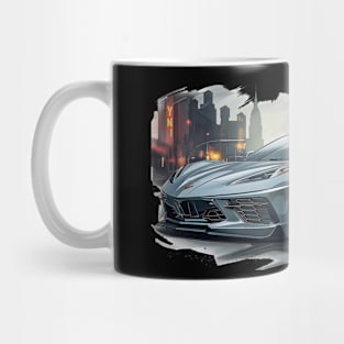 Gray C8 Corvette City Scene Supercar Racecar Muscle Car Sportscar Street Scene Grey Corvette C8 Mug